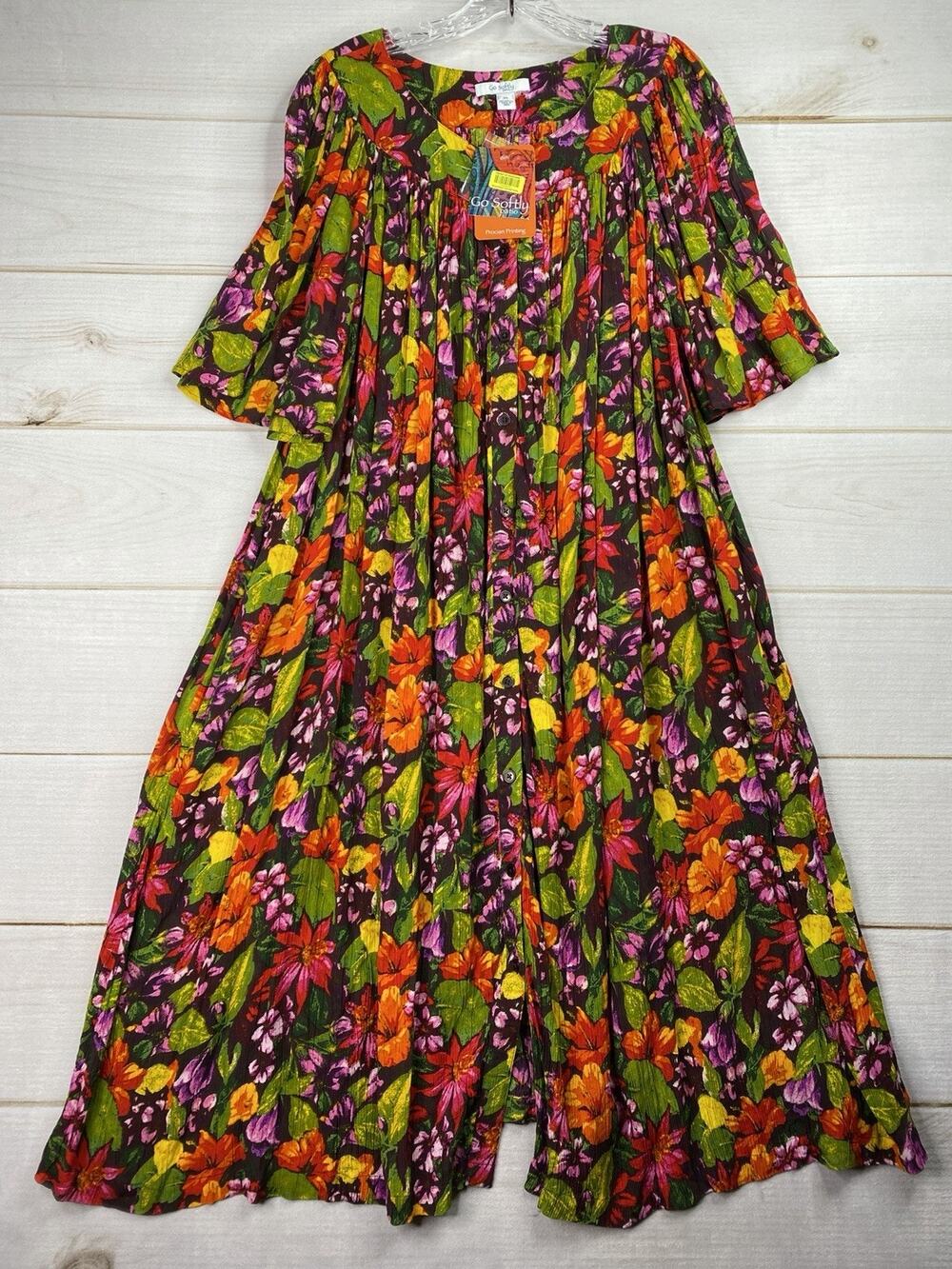 Go Softly Patio Dress XL Multi Tropical Print Pleated Bell Sleeve Boho Beach NWT